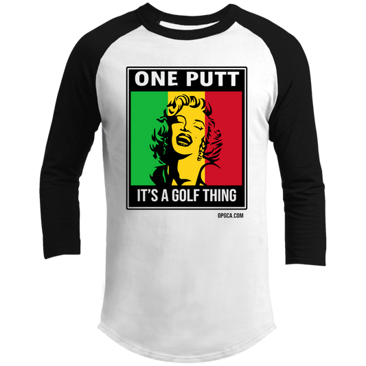 OPG Custom Design #22. One Putt / One Love Parody with Fan Art. Female Edition. 3/4 Raglan Sleeve Shirt 100% Ringspun Combed Cotton