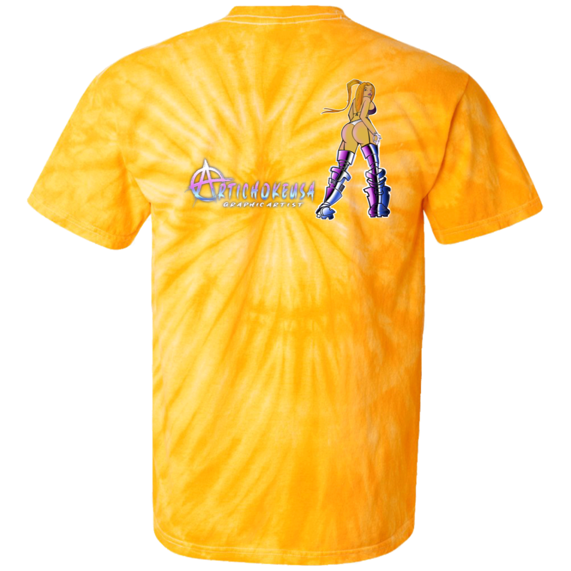 ArtichokeUSA Character and Font design. Let's Create Your Own Team Design Today. Dama de Croma. 100% Cotton Tie Dye T-Shirt