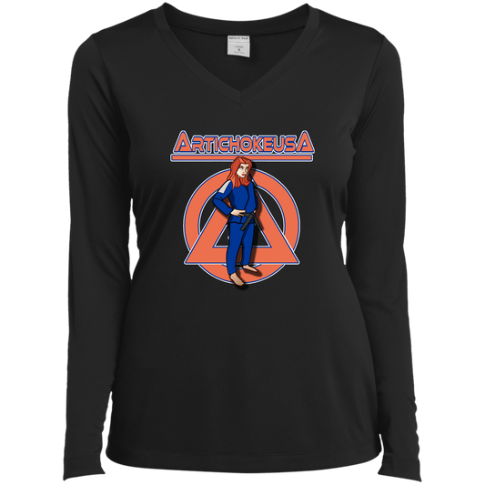 ArtichokeUSA Character and Font design. Let's Create Your Own Team Design Today. Amber. Ladies’ Long Sleeve Performance V-Neck Tee