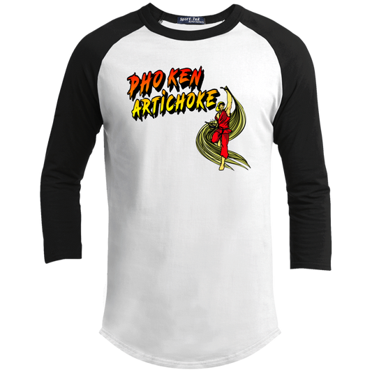 ArtichokeUSA Custom Design. Pho Ken Artichoke. Street Fighter Parody. Gaming. Youth 3/4 Raglan Sleeve Shirt
