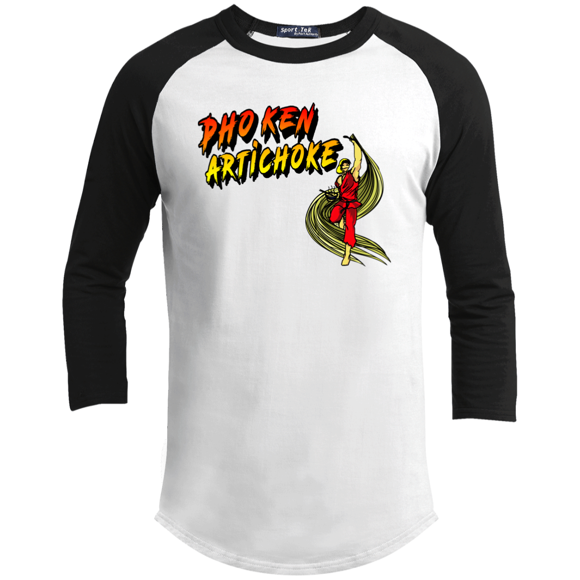 ArtichokeUSA Custom Design. Pho Ken Artichoke. Street Fighter Parody. Gaming. Youth 3/4 Raglan Sleeve Shirt