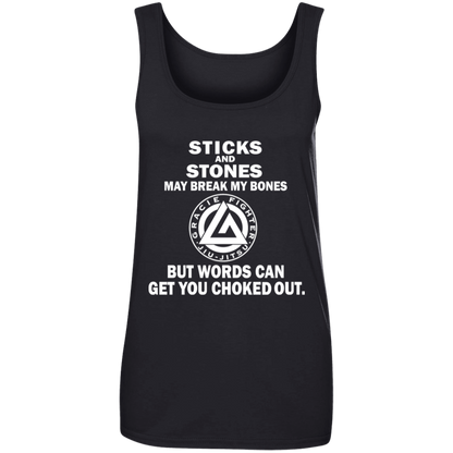 Artichoke Fight Gear Custom Design #16. Sticks And Stones May Break My Bones But Words Can Get You Choked Out. Gracie Fighter. BJJ. Ladies' 100% Ringspun Cotton Tank Top