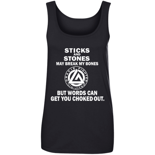 Artichoke Fight Gear Custom Design #16. Sticks And Stones May Break My Bones But Words Can Get You Choked Out. Gracie Fighter. BJJ. Ladies' 100% Ringspun Cotton Tank Top