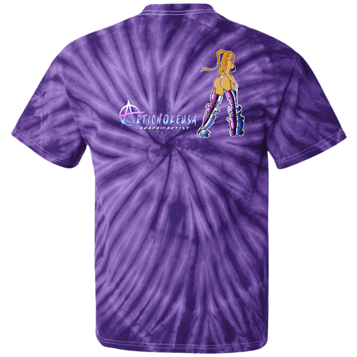 ArtichokeUSA Character and Font design. Let's Create Your Own Team Design Today. Dama de Croma. 100% Cotton Tie Dye T-Shirt