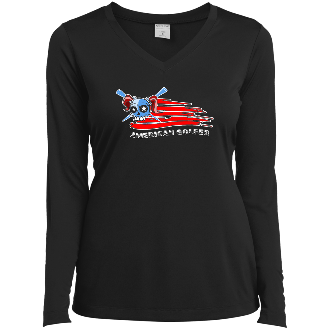 OPG Custom Design #12. American Golfer. Female Edition. Ladies’ Long Sleeve Performance V-Neck Tee