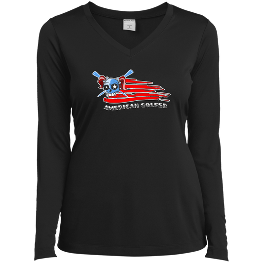 OPG Custom Design #12. American Golfer. Female Edition. Ladies’ Long Sleeve Performance V-Neck Tee