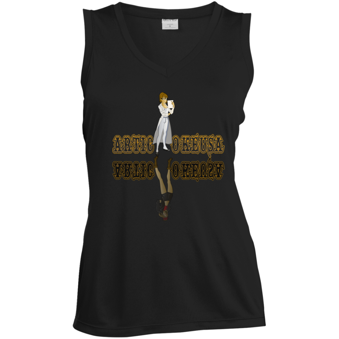 ArtichokeUSA Custom Design. Façade: (Noun) A false appearance that makes someone or something seem more pleasant or better than they really are.  Ladies' Sleeveless V-Neck