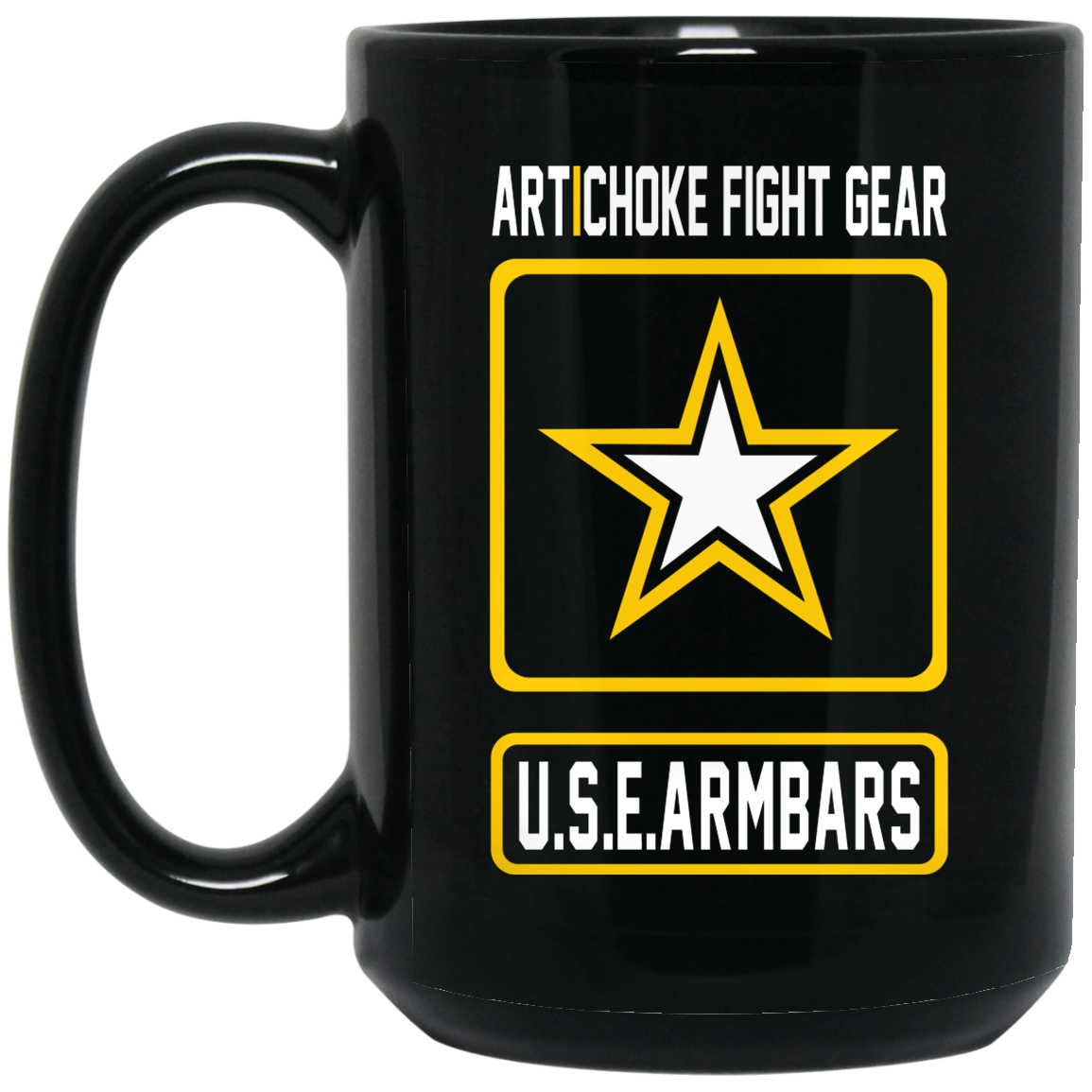 Artichoke Fight Gear Custom Design #2. USE ARMBARS. 15 oz. Black Mug